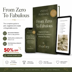 Event planning ebook mockup shown on a book, smartphone, and tablet