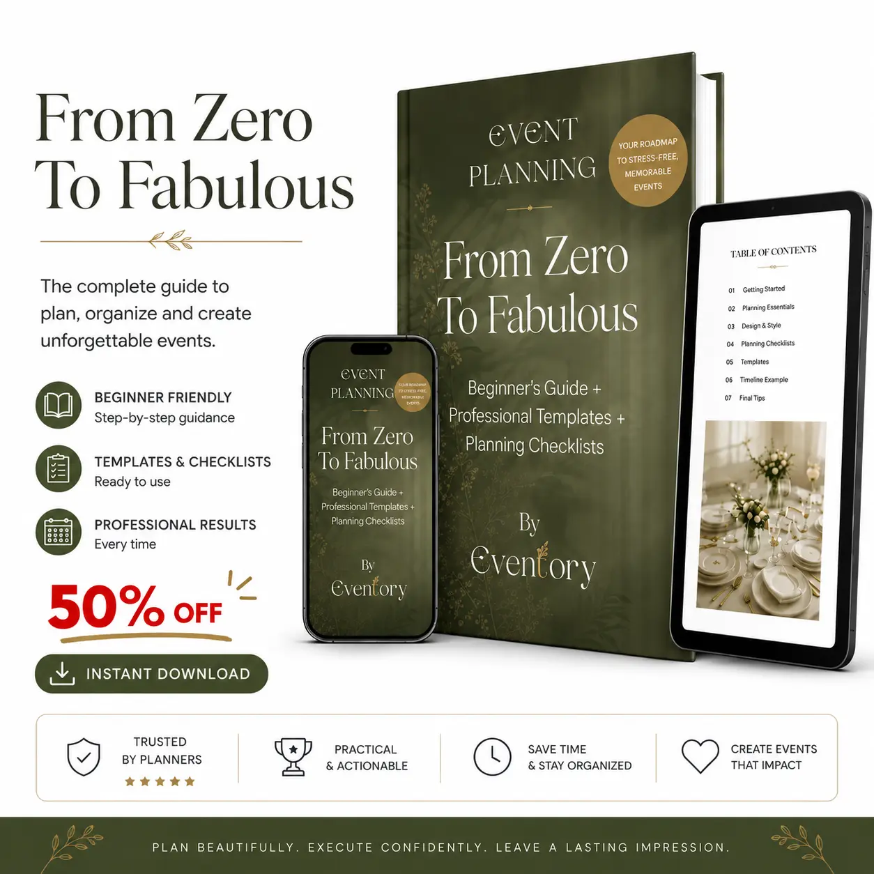 Event planning ebook mockup shown on a book, smartphone, and tablet