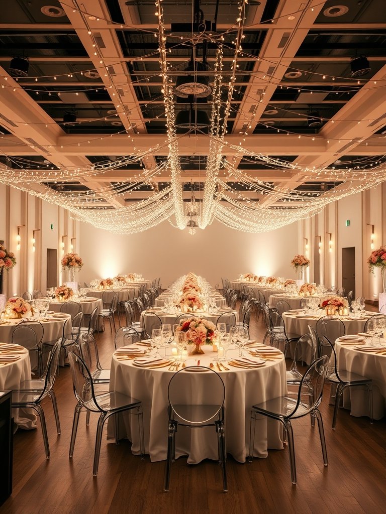 romantic wedding reception decor with fairy lights