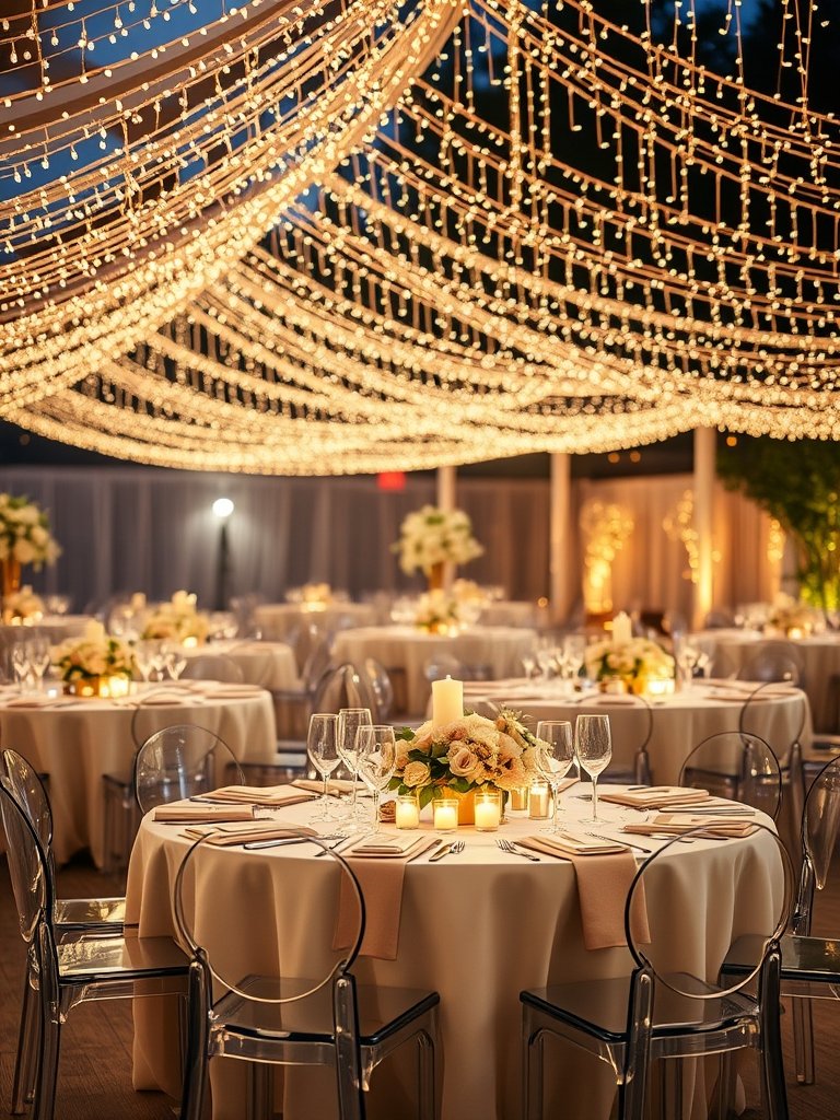 romantic wedding reception decor with fairy lights - Illustration 1