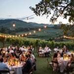 Vineyard wedding reception under string lights