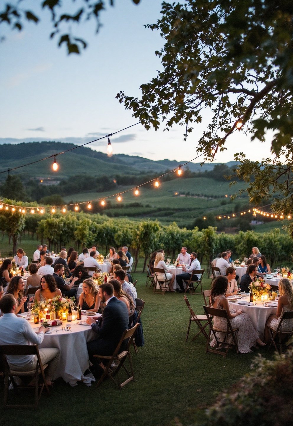 Minimalist wine estate wedding table with local seasonal flowers, showing blend of classic and rustic styling