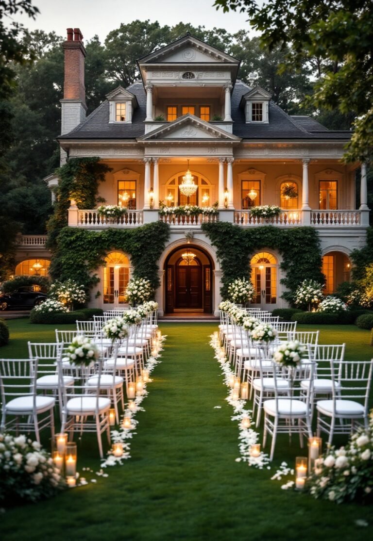 Couple walks beneath arched columns of a historic mansion wedding venue