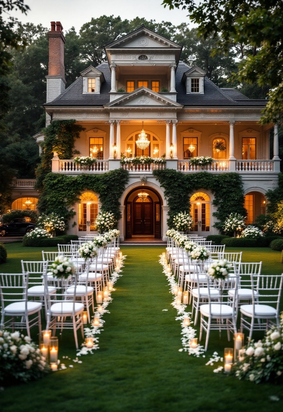 Couple walks beneath arched columns of a historic mansion wedding venue