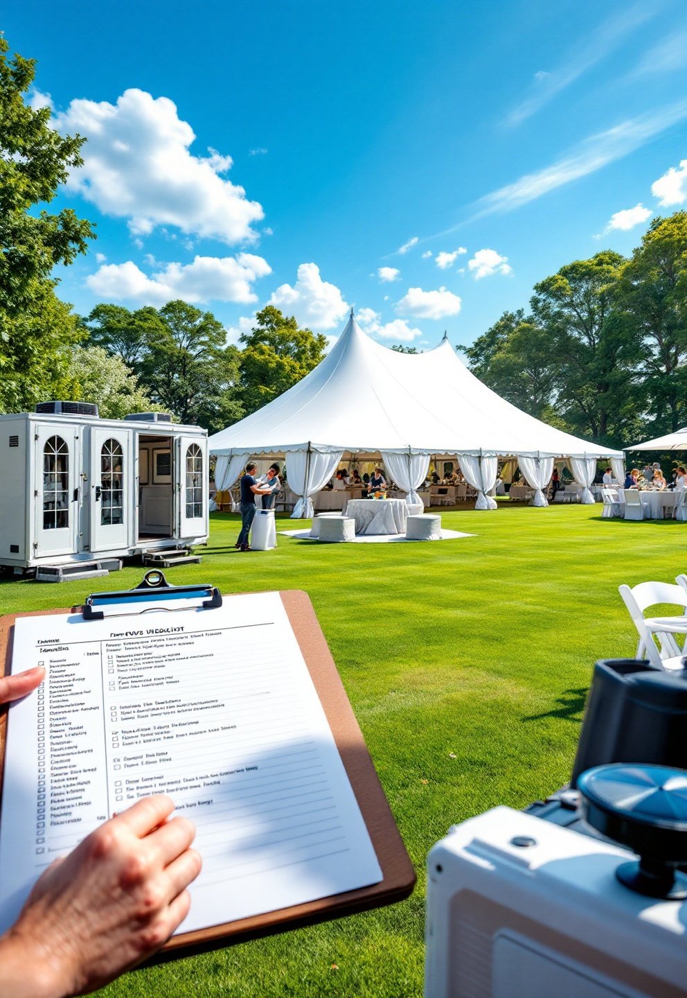 Wedding tent set up on a rainy day in an open field