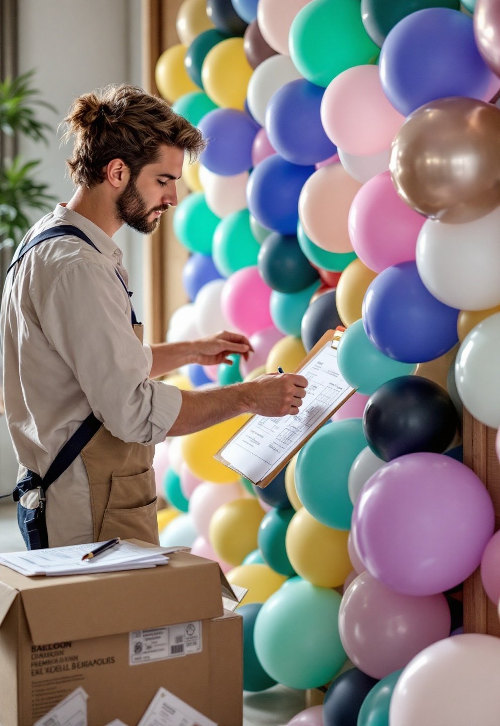 Balloon artist on site, assembling a sculptural balloon wall for a Paris corporate event