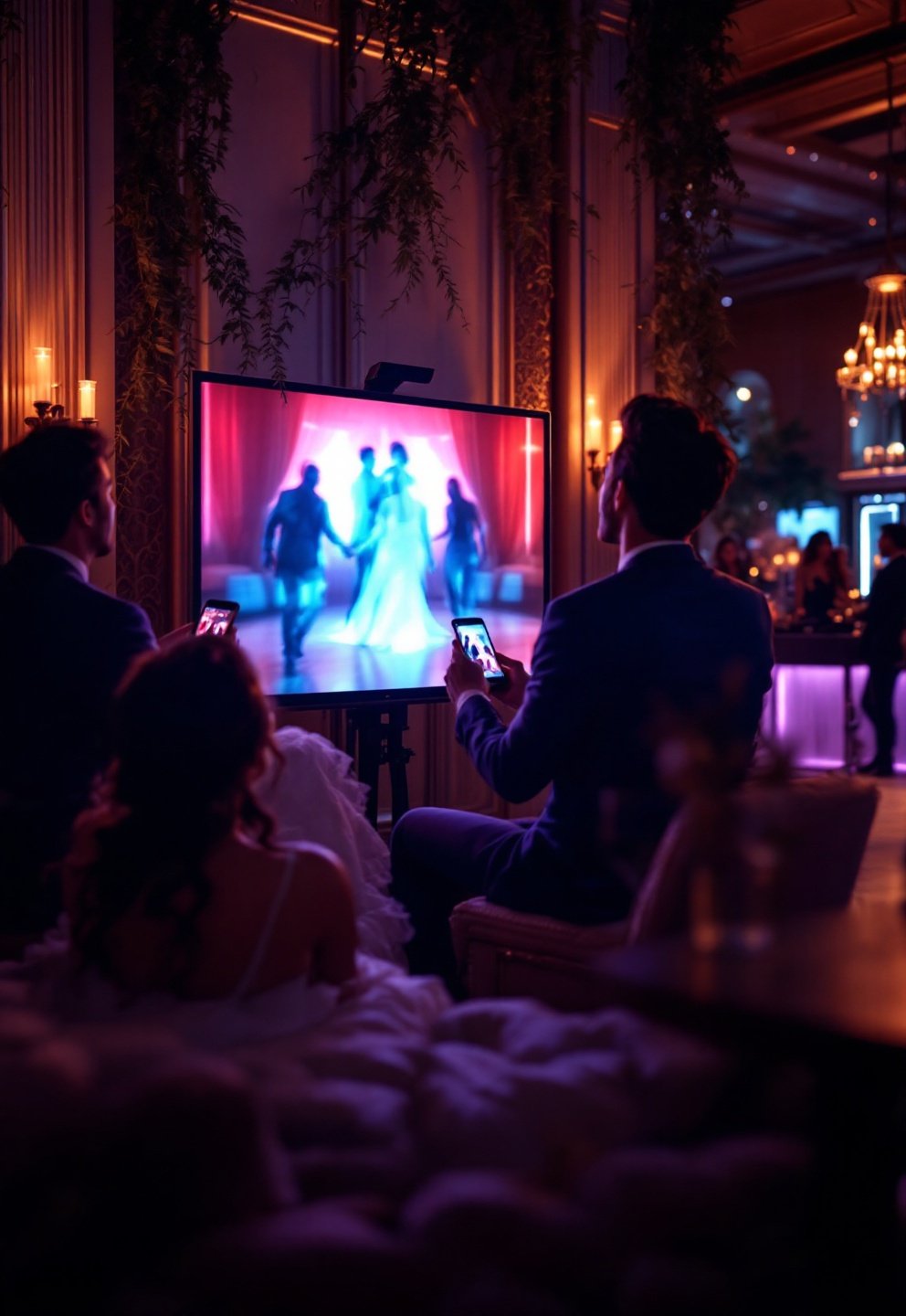 Glambot operator explaining the slow motion robot arm to wedding guests before a hero-shot capture