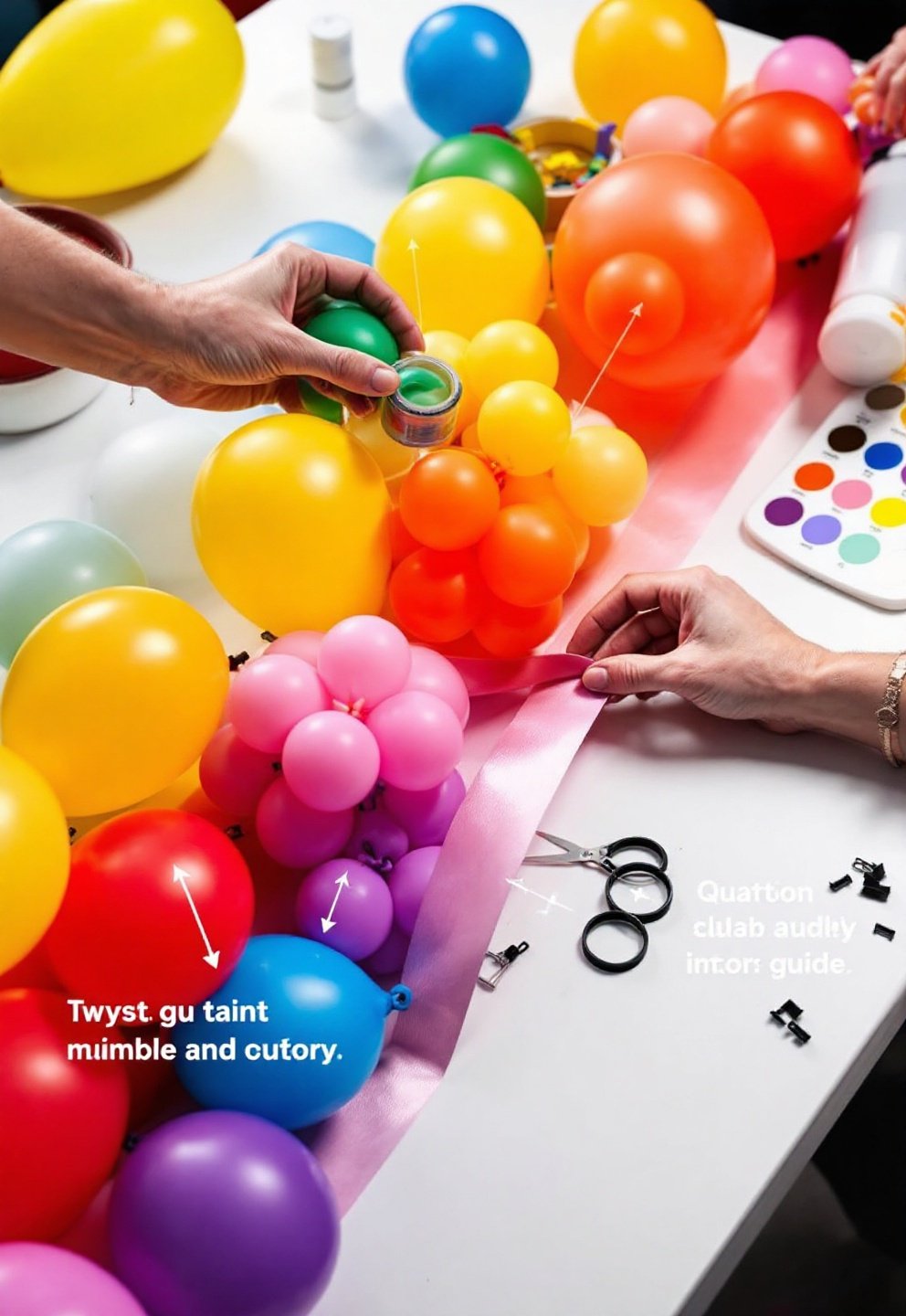 Schéma technique : progression des couleurs et clusters sur arche ballon arc en ciel DIY