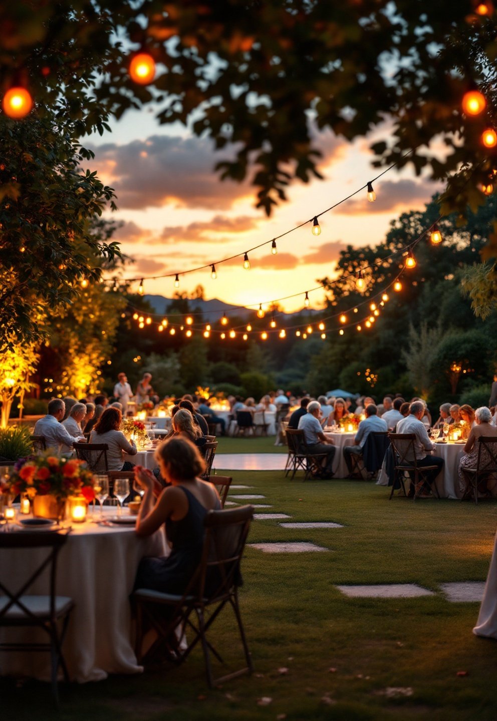 Wheelchair-accessible outdoor wedding pathway with shaded seating areas