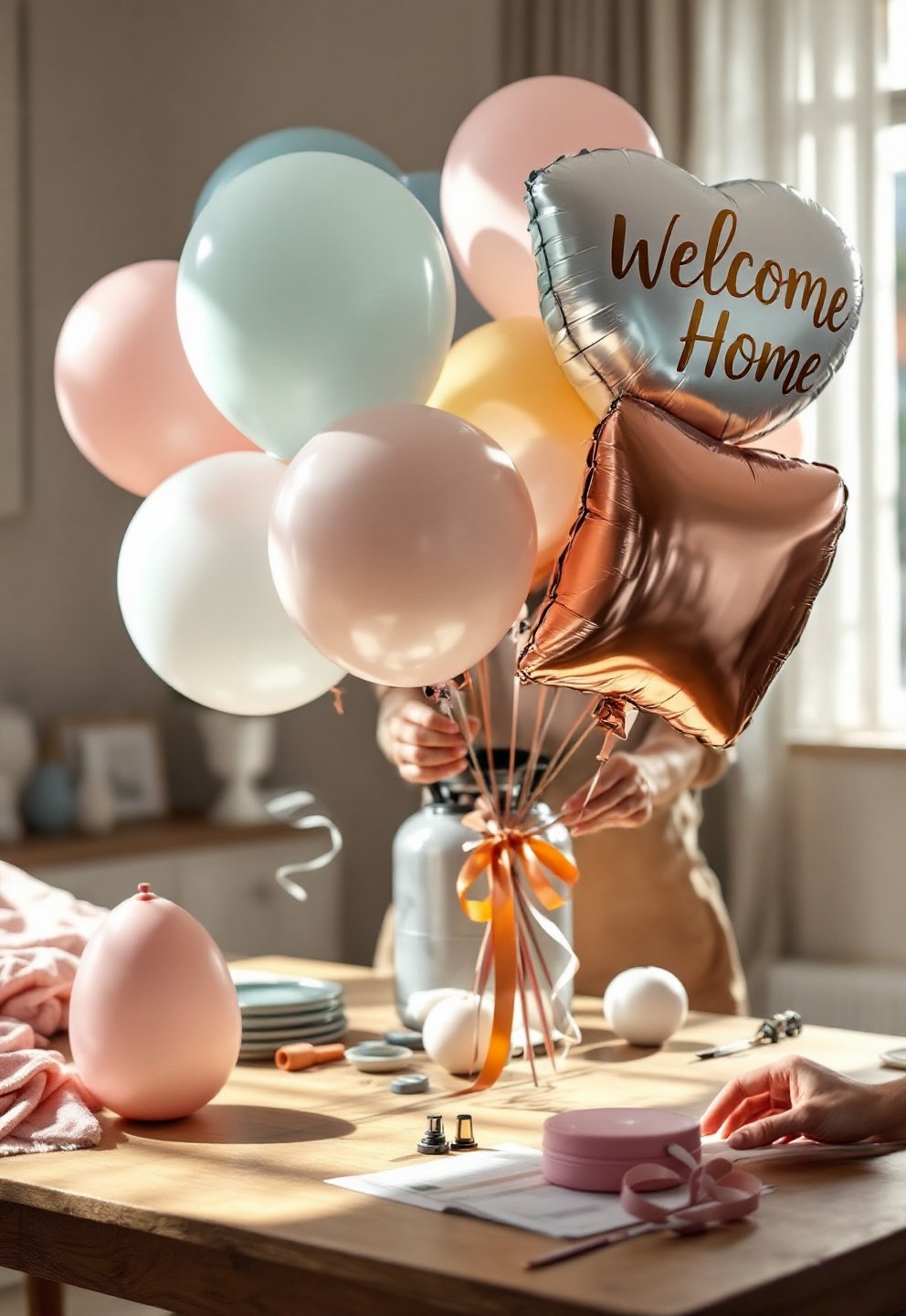 Close-up of eco-friendly latex balloons with custom 'Welcome Home' messages