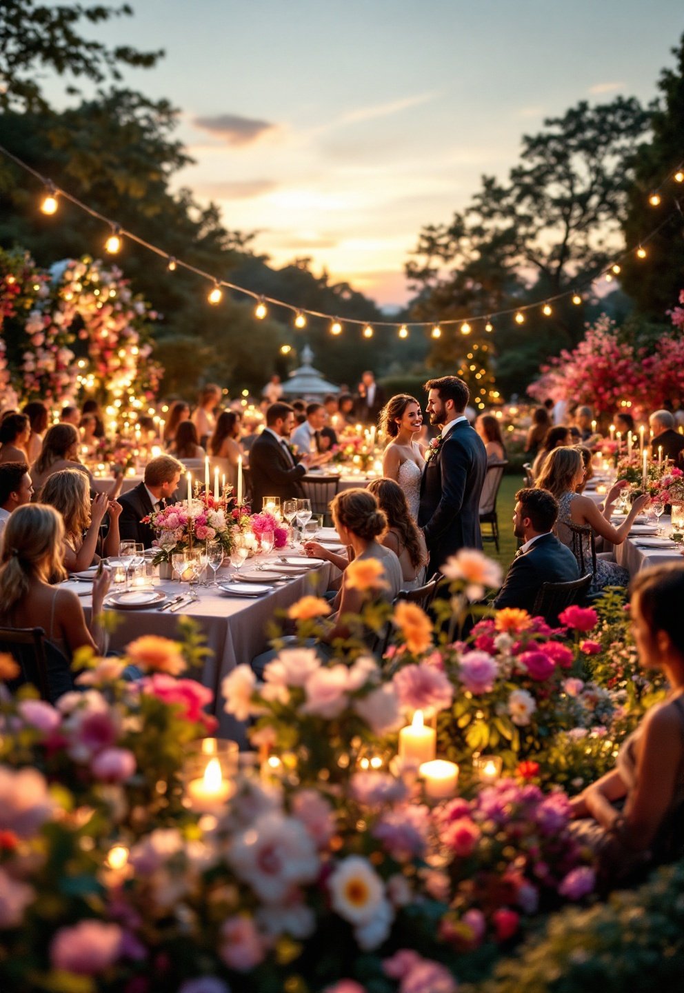 Reception dinner under tent in a fall garden with string lights