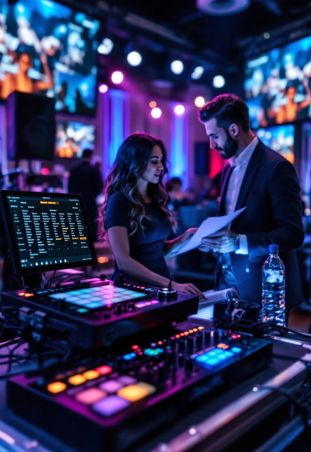 DJ and party singer karaoke setup soundchecking at large ballroom event
