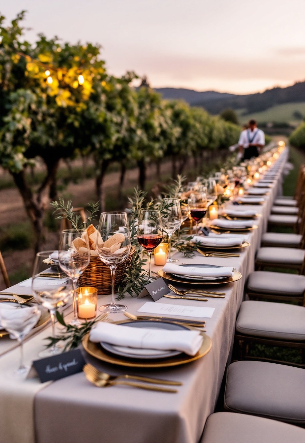 Elegant grape vineyard reception dinner set in autumn, showcasing candlelit tables among the vines