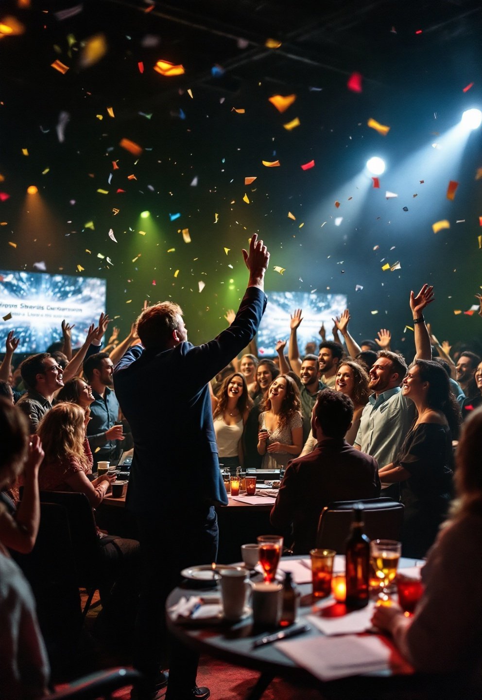 Interactive karaoke singer with DJ during a packed afterwork corporate party