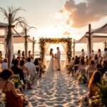Beach wedding ceremony setup at sunset