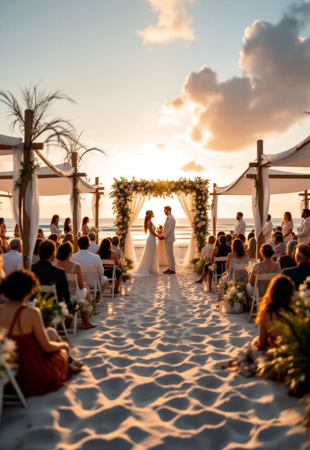 Minimalist wedding setup with weighted chairs and low driftwood arrangements on the coast