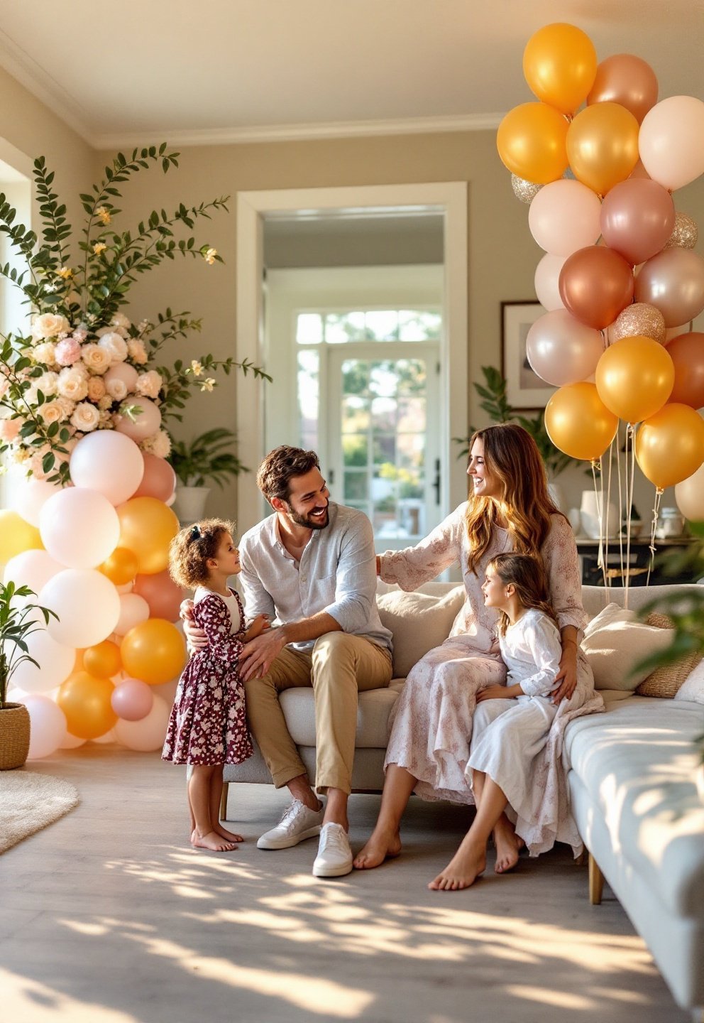 Parent assembling a 'Welcome Home' balloon arch with a mix of helium and air-filled balloons