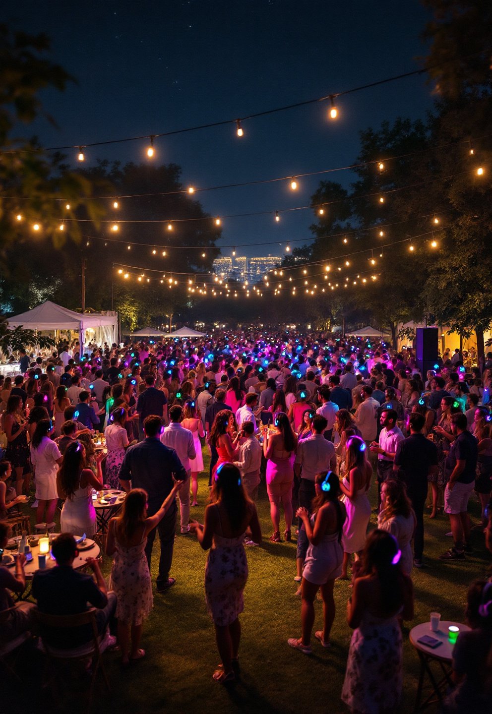 Silent disco hire wedding with guests dancing, separate DJs on each audio channel