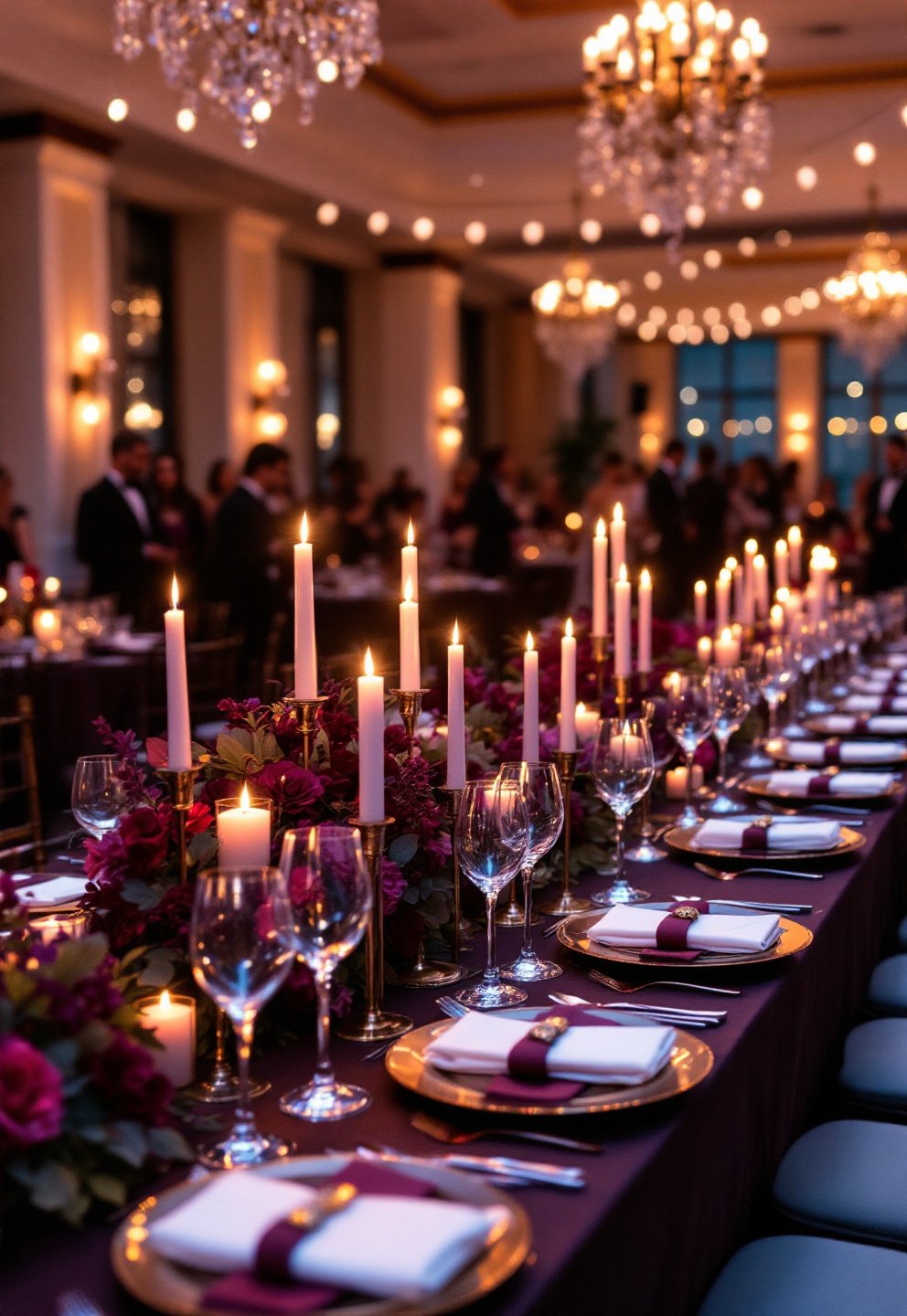 Plum and merlot wedding colors on an evening outdoor tablescape with candlelight