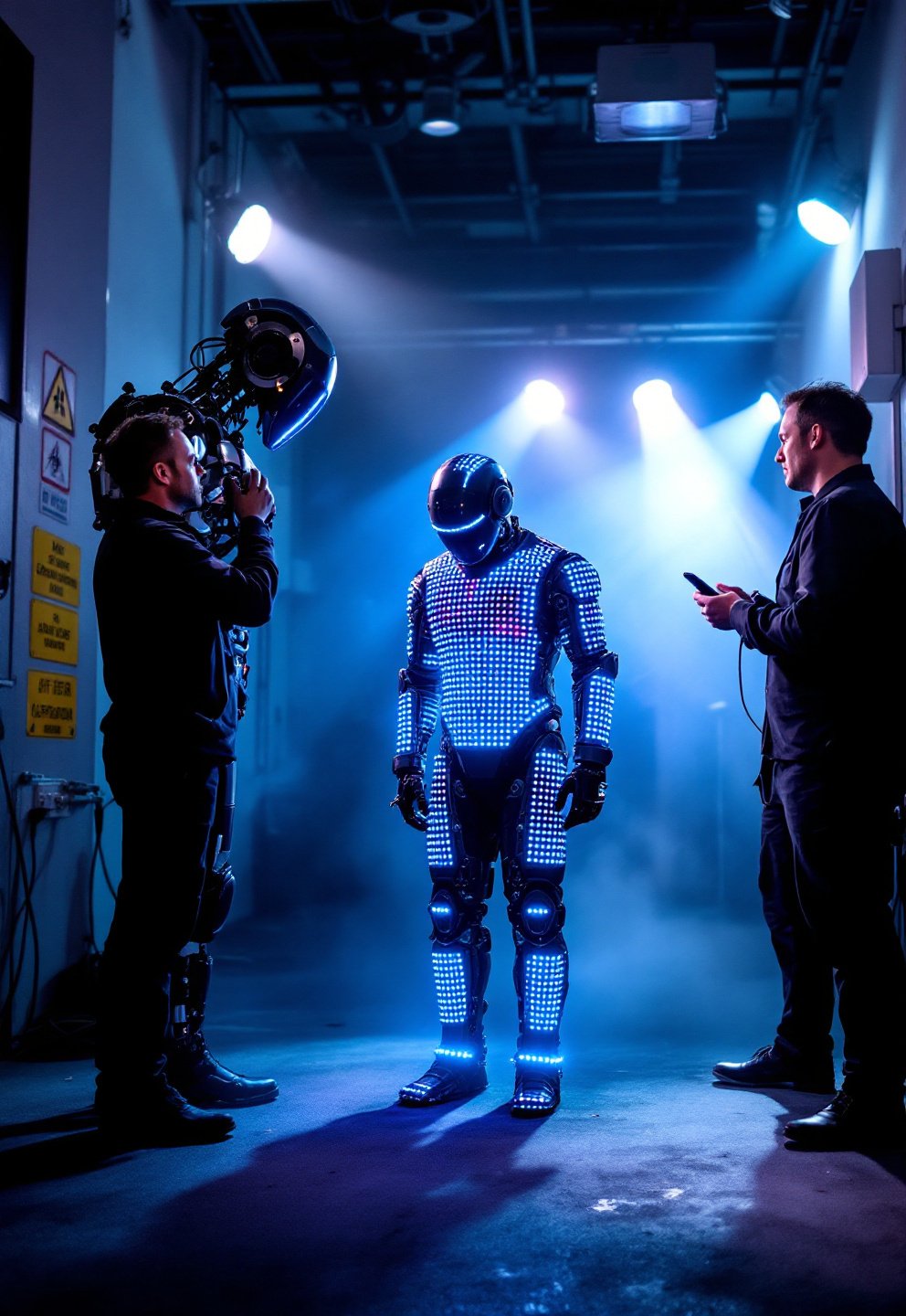 LED robot act performing on stage with attentive event staff managing logistics