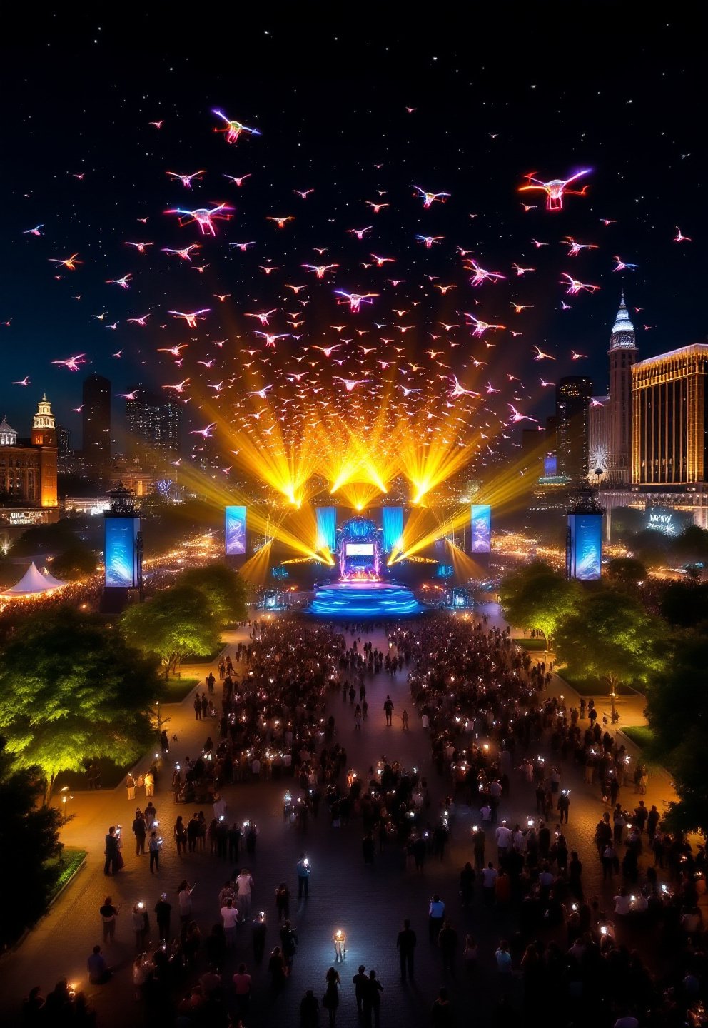 drone light show technician setting up drone fleet with ground launch grid