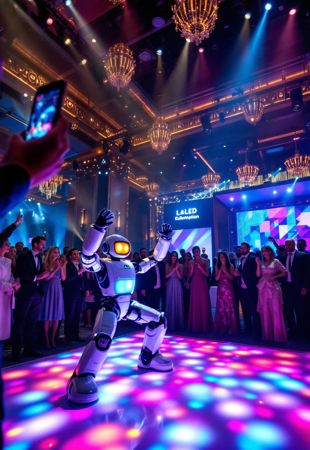 Closeup of LED robot suit showing logo branding during a product launch