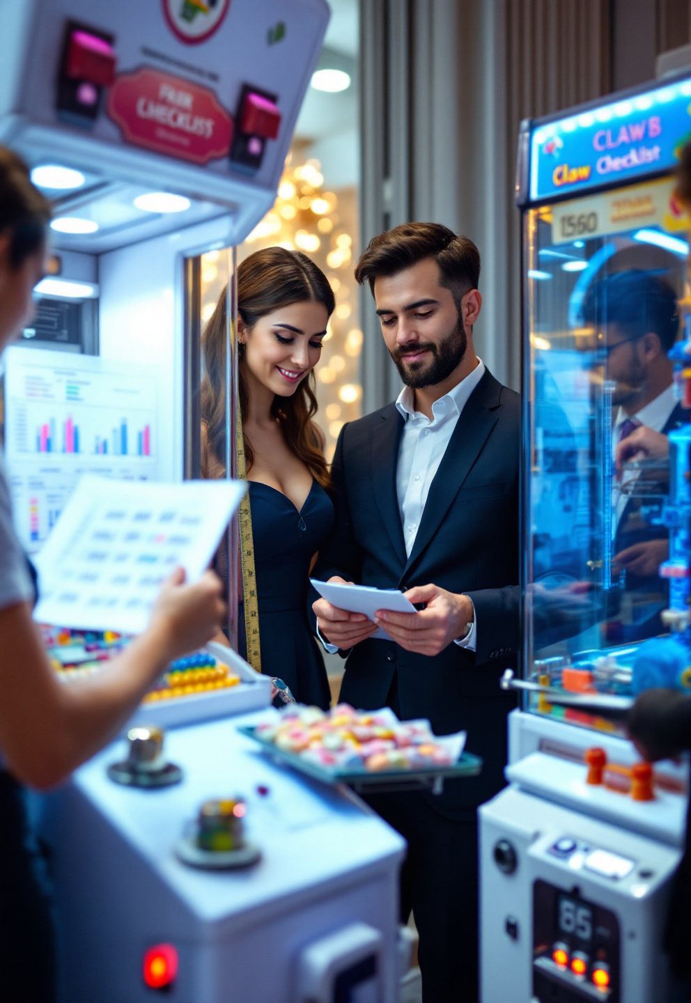 Guests interacting with retro arcade games and custom sticker machine at a wedding